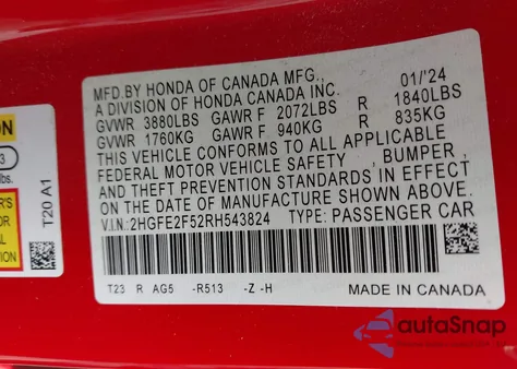 2024 Honda Civic Sport z USA, uszkodzony, nr VIN 2HGFE2F52RH543824